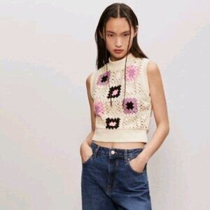 Zara Women's Crochet Top Cream Sleeveless Boho Hippie Festival Party Sz LRetro